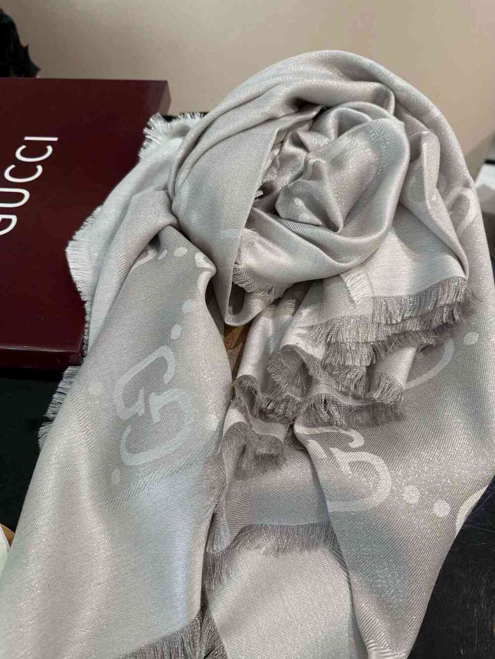 GUCCI Metallic Silver GG Monogram Scarf